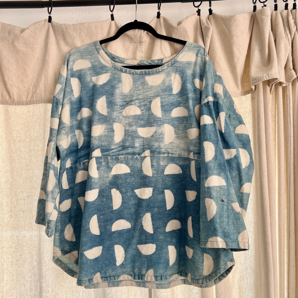 Poem / Po-Em / Po Em Indigo Blue Block Print Oversized  3/4 top Sustainable
